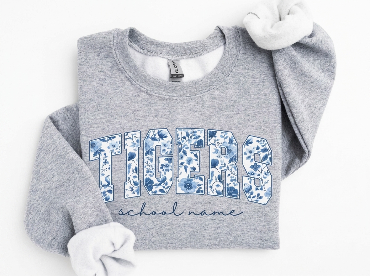 Custom Floral Fill Varsity Mascot Crewneck Sweatshirt, Personalized School Name Game Day Spirit Pullover