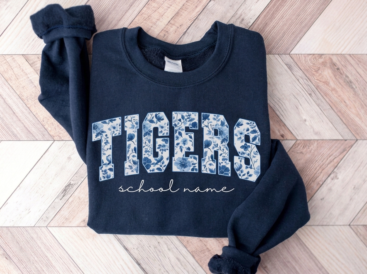 Custom Floral Fill Varsity Mascot Crewneck Sweatshirt, Personalized School Name Game Day Spirit Pullover
