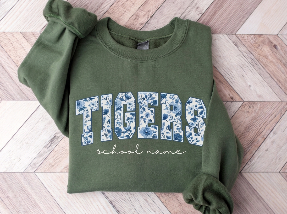 Custom Floral Fill Varsity Mascot Crewneck Sweatshirt, Personalized School Name Game Day Spirit Pullover