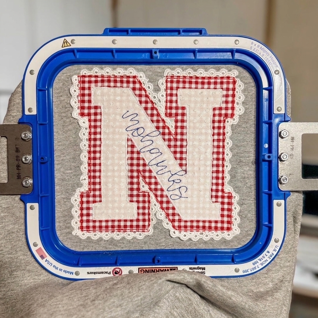 Custom Lace Border Gingham Varsity Letter Applique Crewneck Sweatshirt, Personalized Mascot Script Game Day Spirit Pullover
