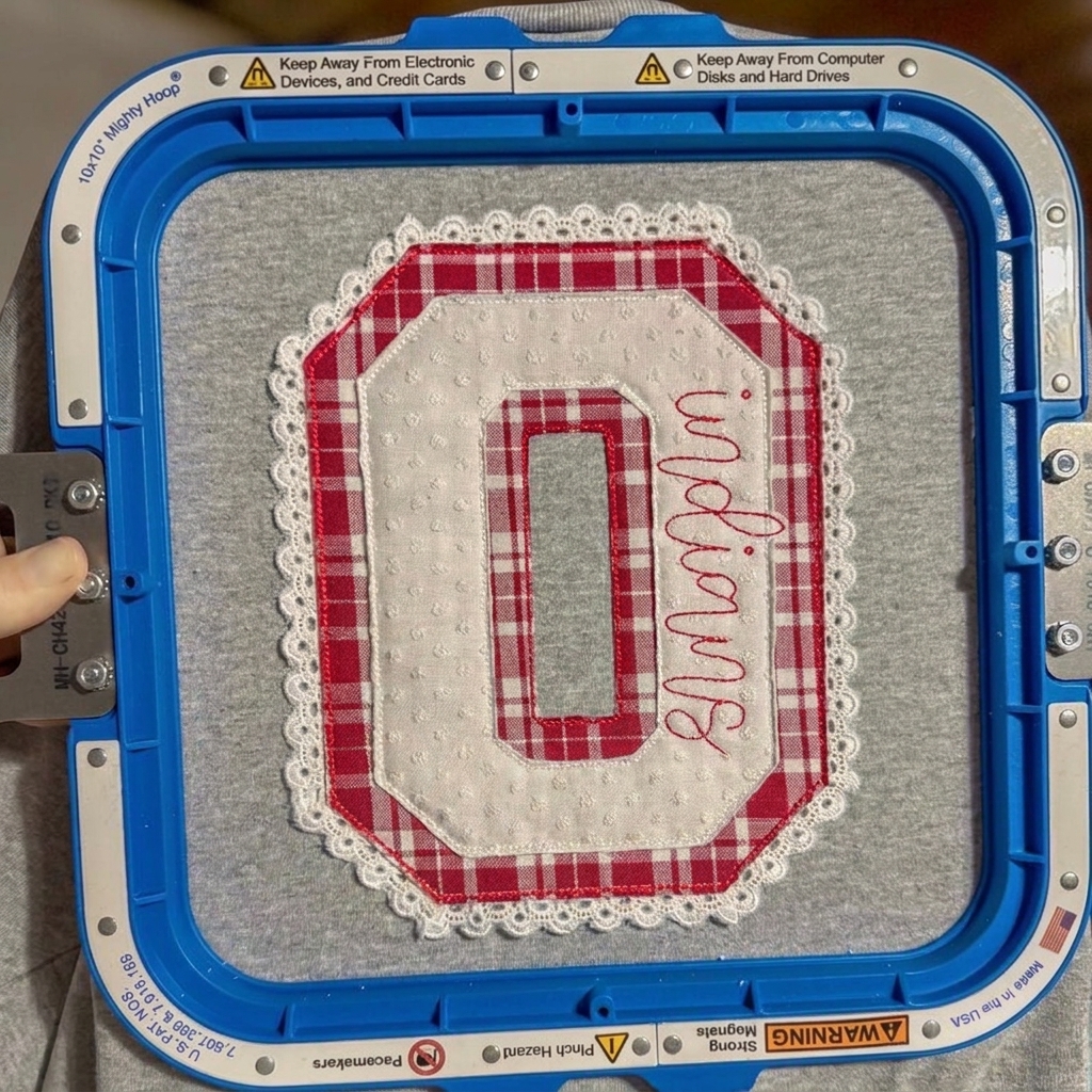 Custom Lace Border Gingham Varsity Letter Applique Crewneck Sweatshirt, Personalized Mascot Script Game Day Spirit Pullover