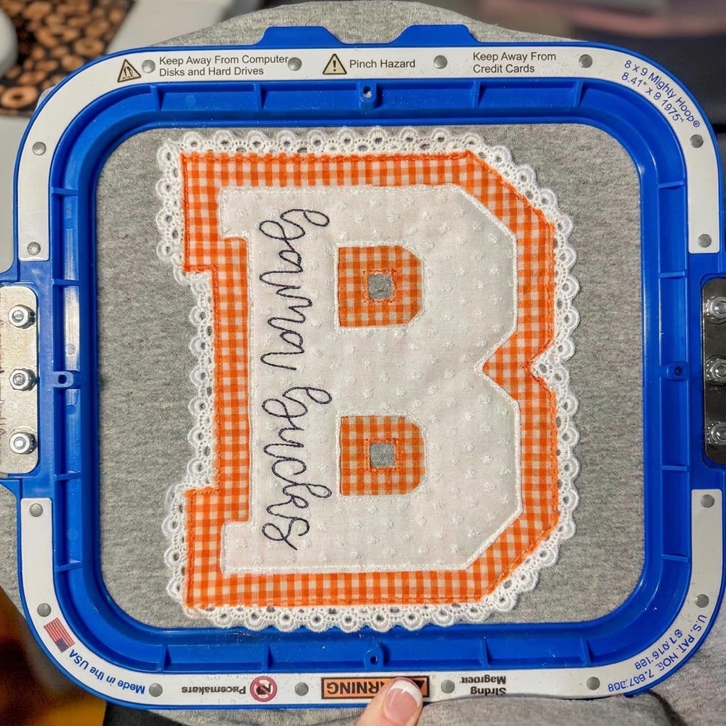 Custom Lace Border Gingham Varsity Letter Applique Crewneck Sweatshirt, Personalized Mascot Script Game Day Spirit Pullover