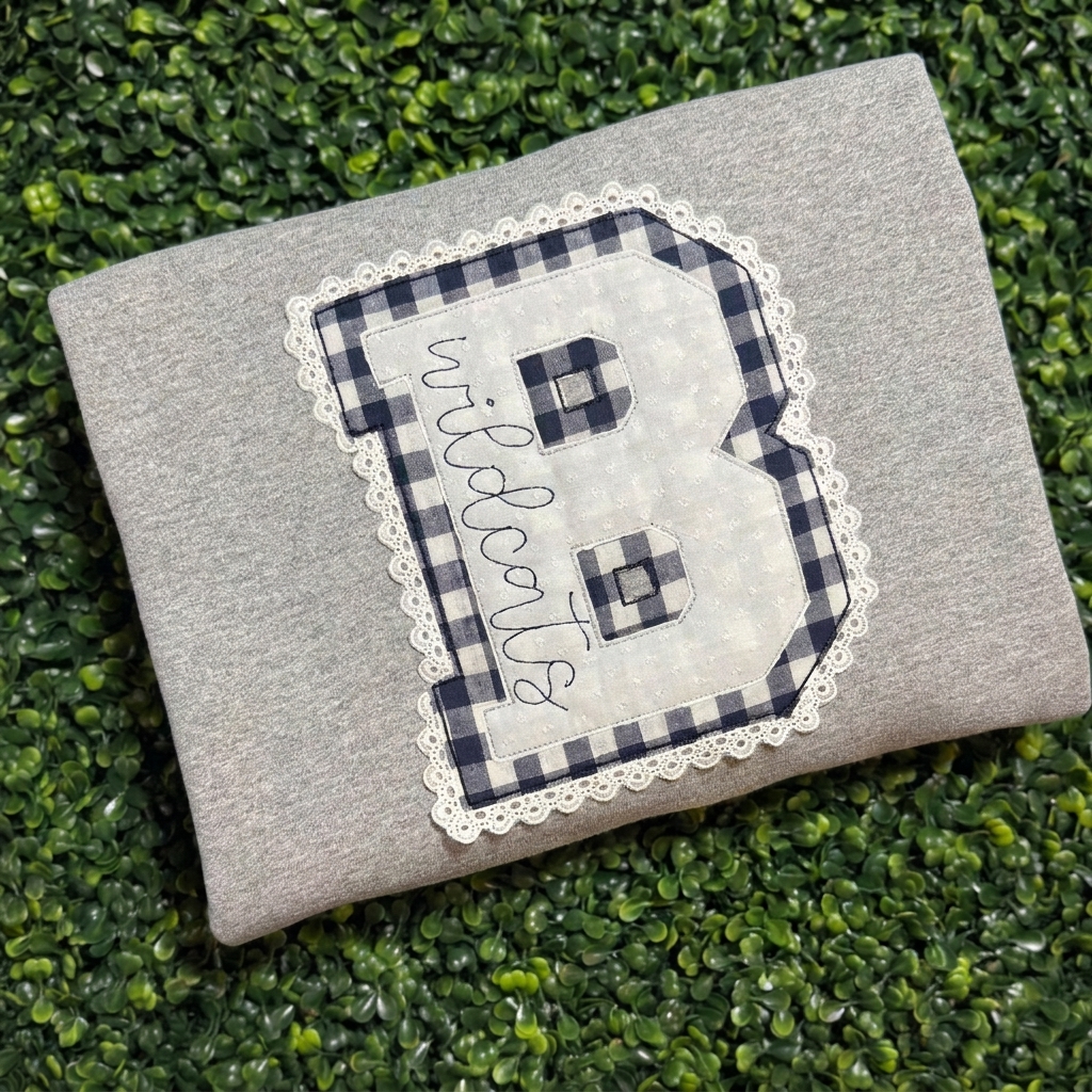 Custom Lace Border Gingham Varsity Letter Applique Crewneck Sweatshirt, Personalized Mascot Script Game Day Spirit Pullover