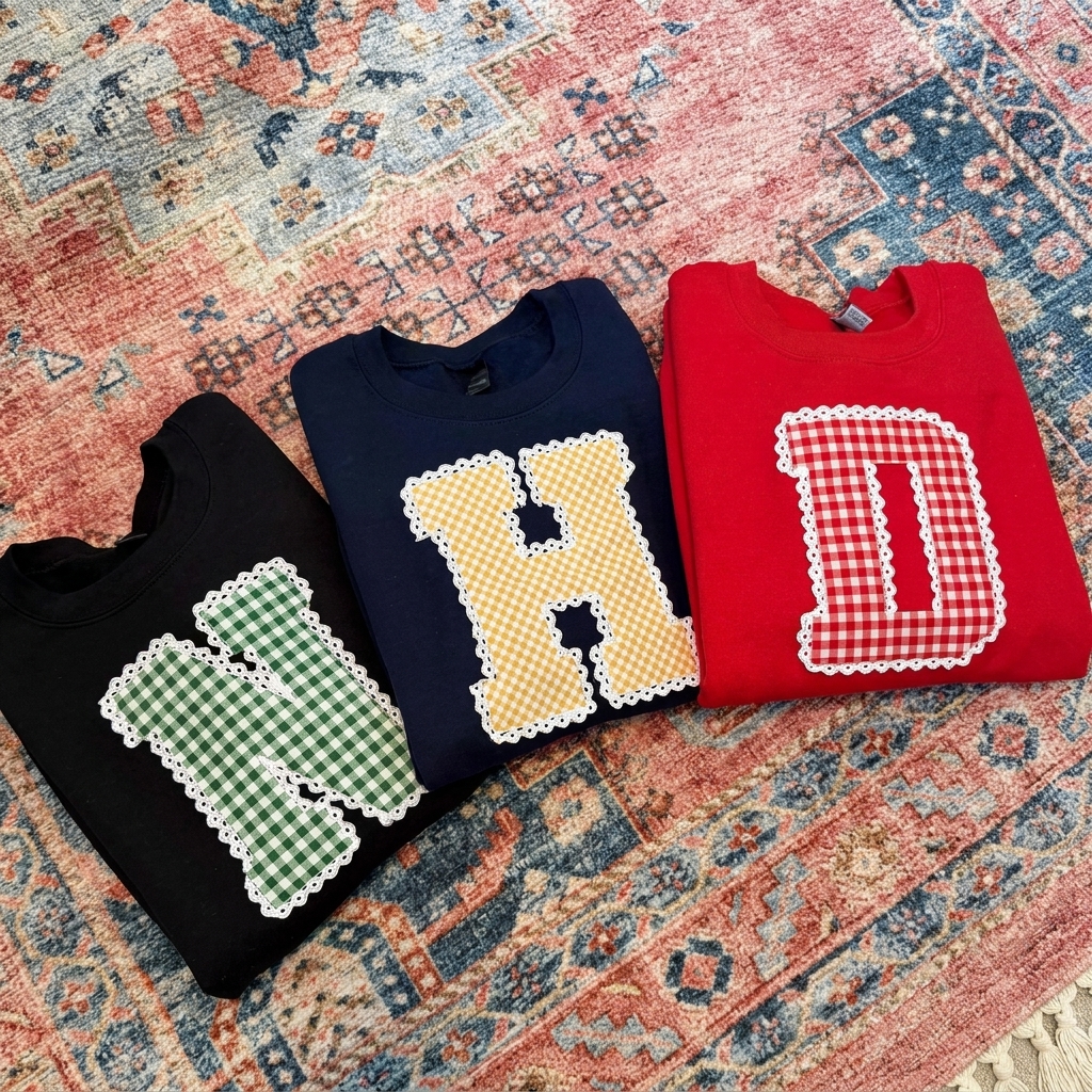 Custom Gingham Lace Trim Varsity Letter Applique Crewneck Sweatshirt, Personalized School Initial Game Day Spirit Pullover