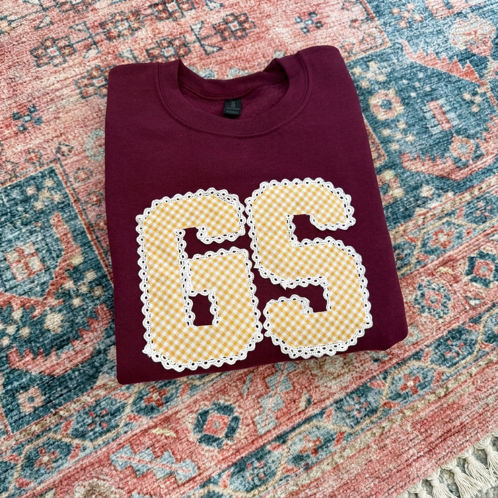 Custom Gingham Lace Trim Varsity Letter Applique Crewneck Sweatshirt, Personalized School Initial Game Day Spirit Pullover