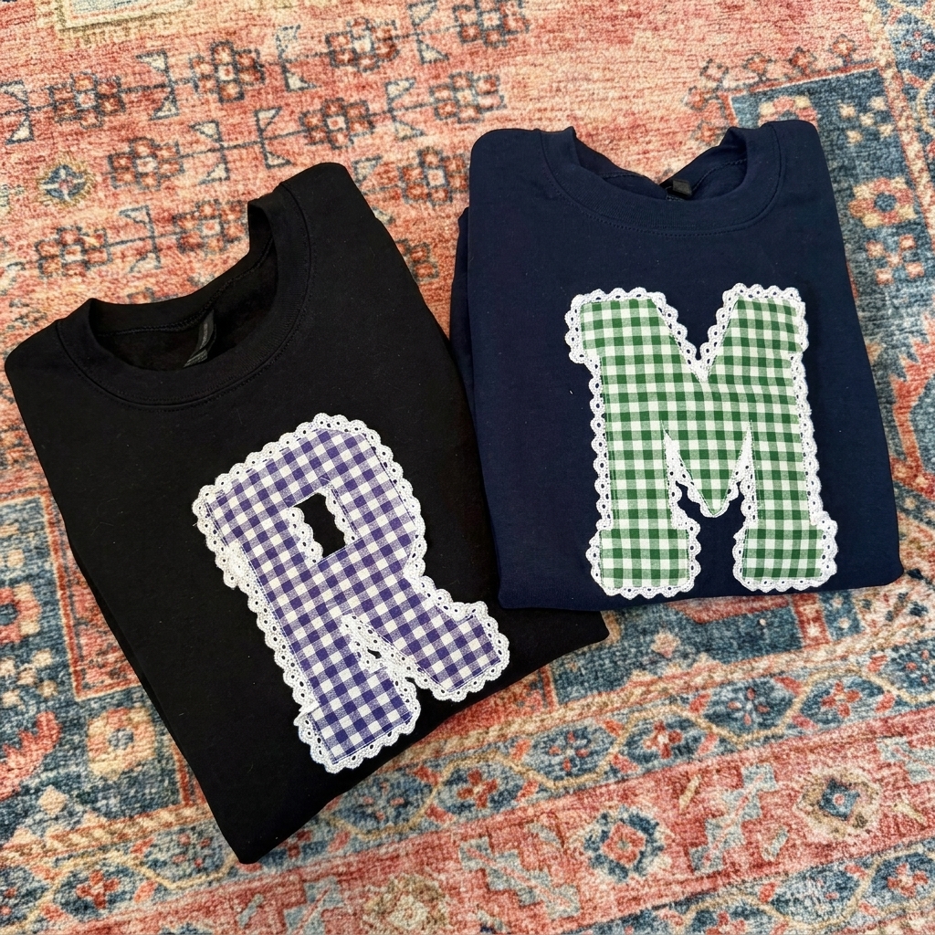 Custom Gingham Lace Trim Varsity Letter Applique Crewneck Sweatshirt, Personalized School Initial Game Day Spirit Pullover