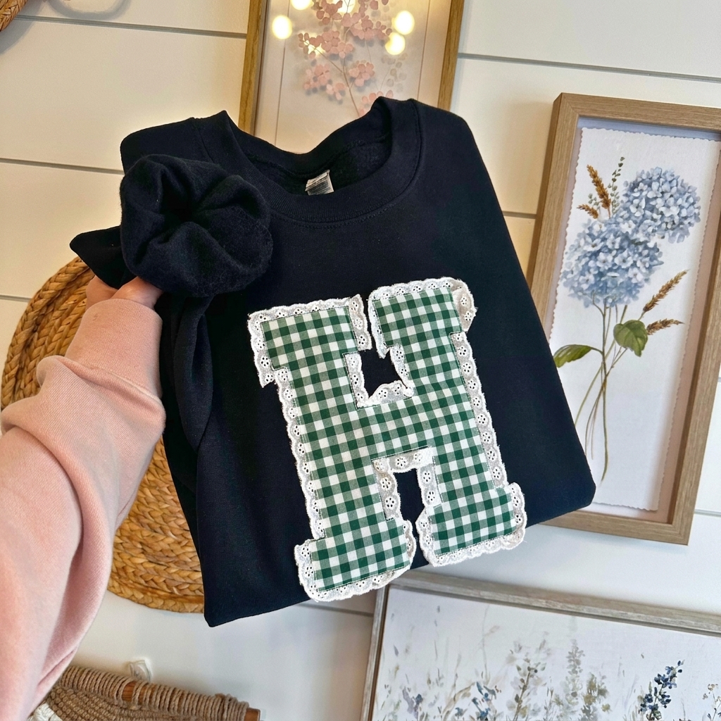 Custom Gingham Lace Trim Varsity Letter Applique Crewneck Sweatshirt, Personalized School Initial Game Day Spirit Pullover