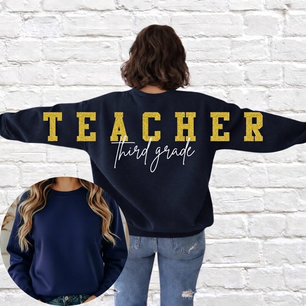 Custom Teacher Name Sweatshirt Gold Glitter Oversized Back Print Teacher Apparel Gift
