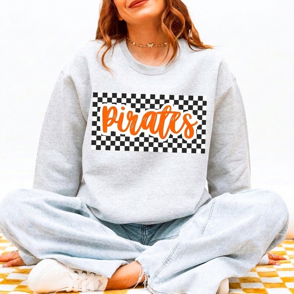 Custom Mascot Sweatshirt Checkered Print Team Spirit Crewneck Retro Game Day Apparel