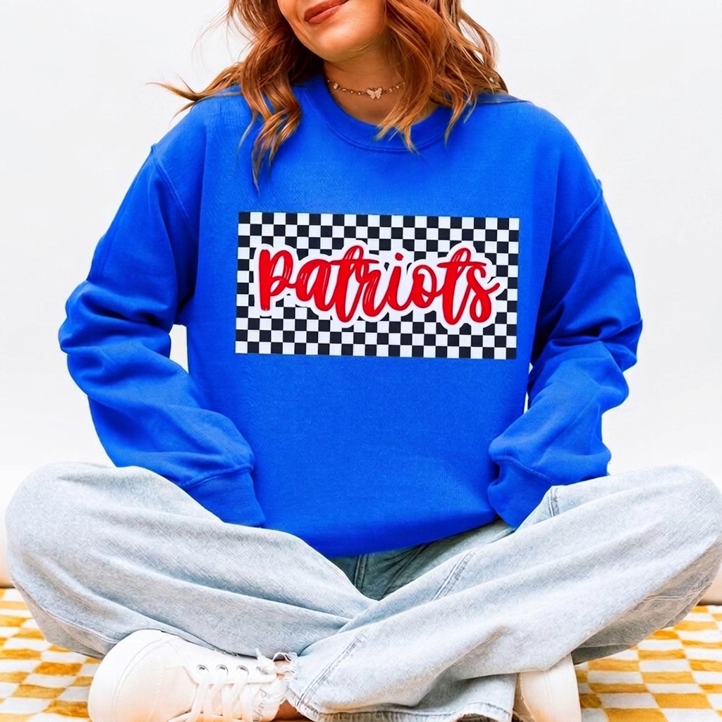 Custom Mascot Sweatshirt Checkered Print Team Spirit Crewneck Retro Game Day Apparel