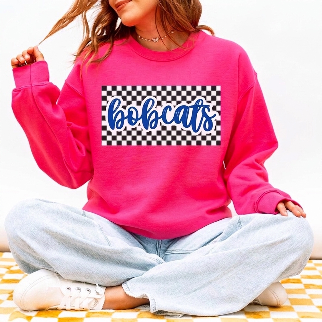 Custom Mascot Sweatshirt Checkered Print Team Spirit Crewneck Retro Game Day Apparel