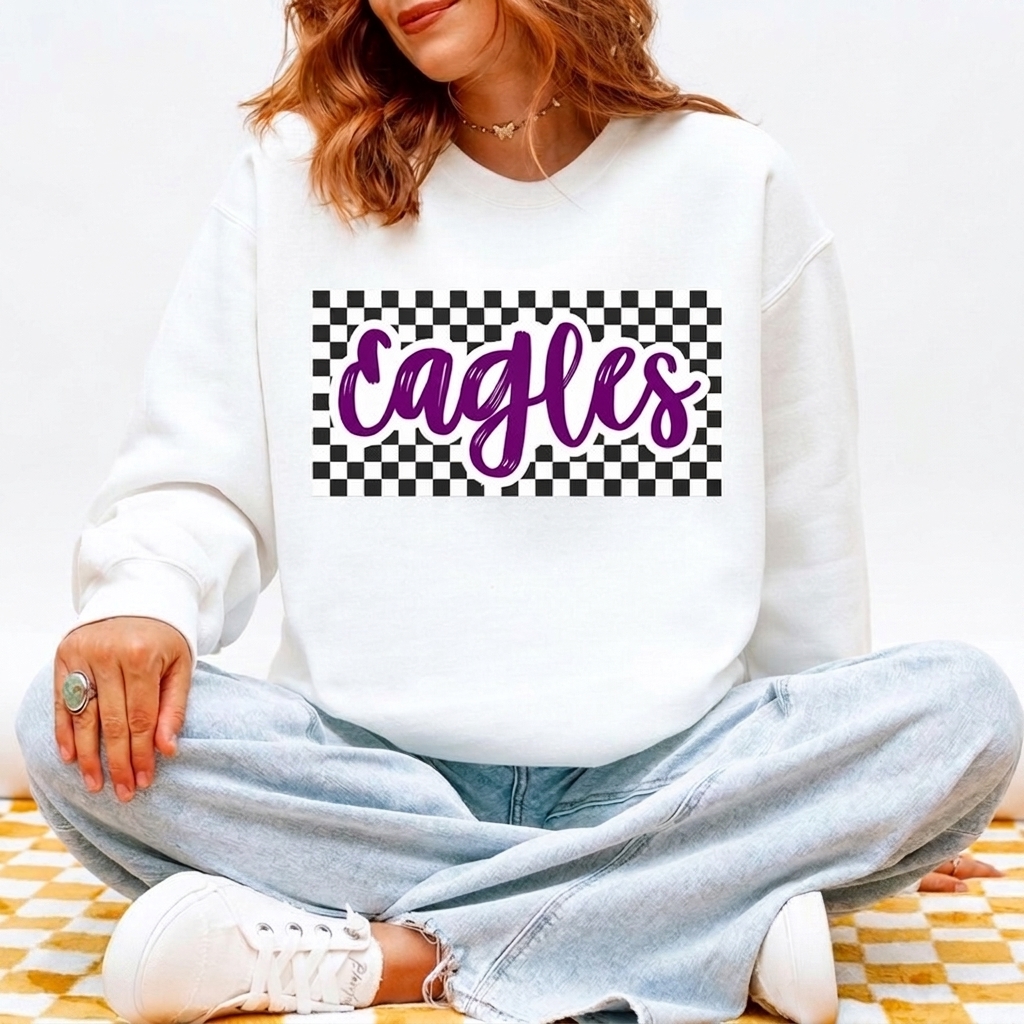 Custom Mascot Sweatshirt Checkered Print Team Spirit Crewneck Retro Game Day Apparel