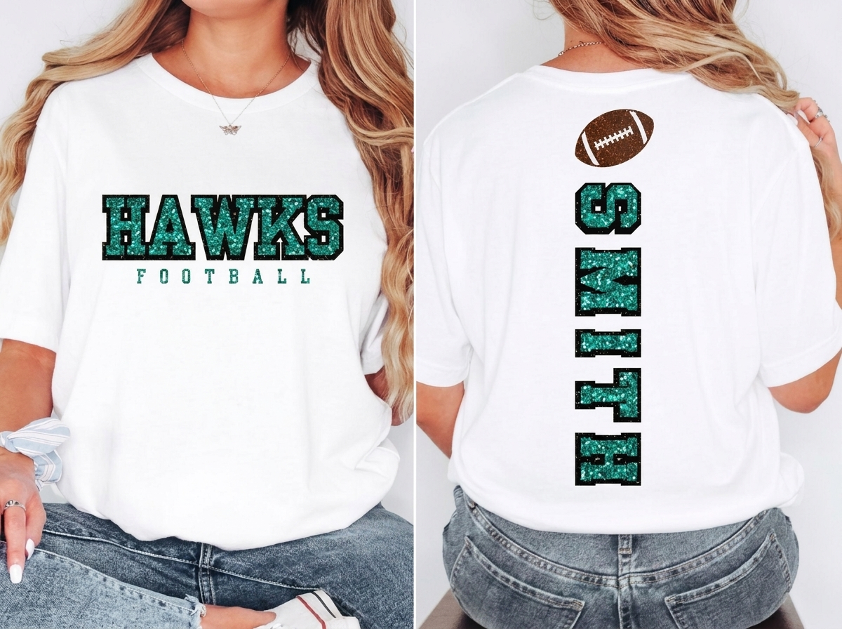 Custom Glitter Mascot Football T-Shirt Sparkling Double Sided Game Day Shirt
