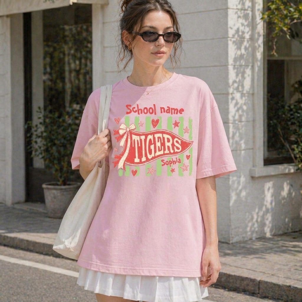 Custom School Mascot Pennant Flag Sweatshirt Vintage Coquette Bow Game Day Custom Name Crewneck