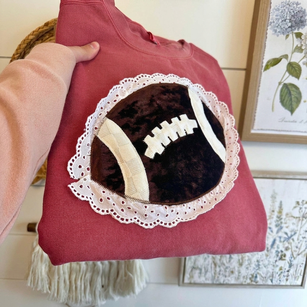 Vintage Lace Trim Football Applique Sweatshirt Velvet Patchwork Coquette Game Day Crewneck