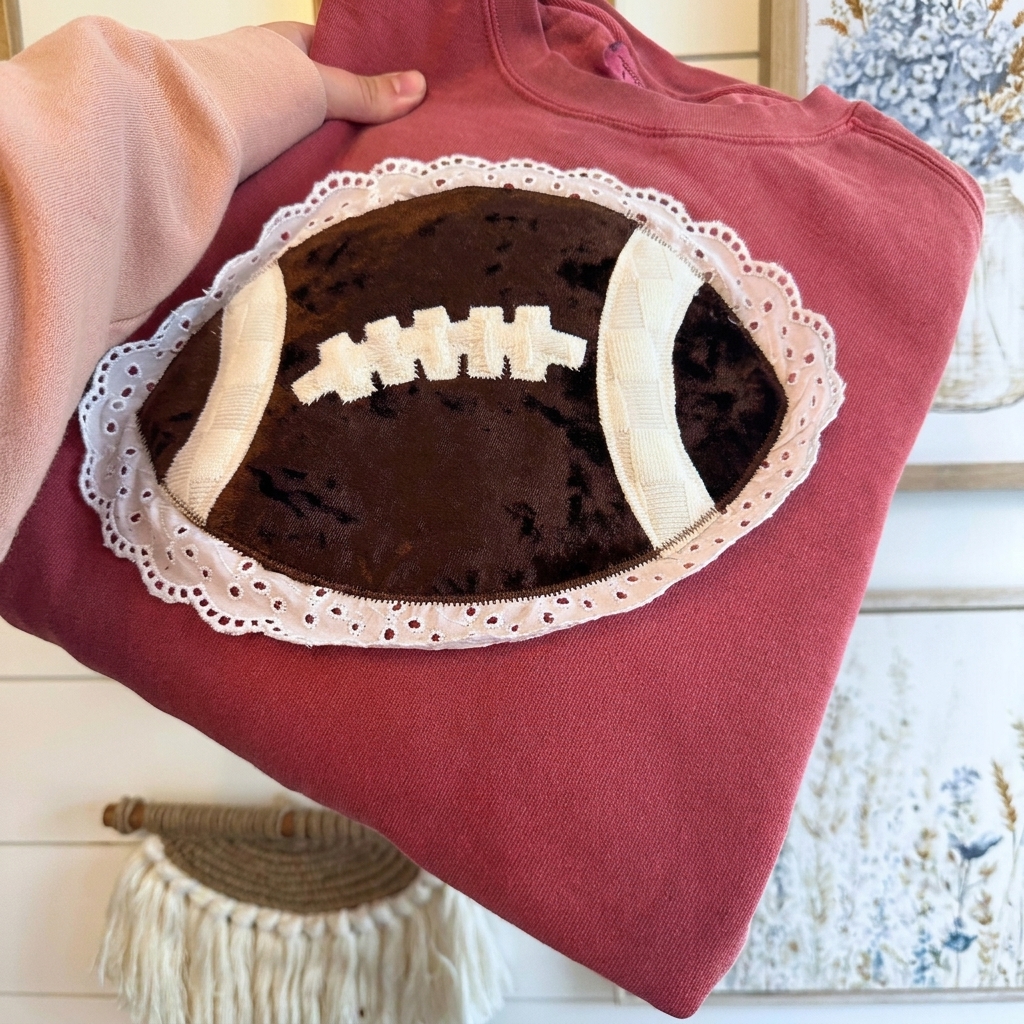 Vintage Lace Trim Football Applique Sweatshirt Velvet Patchwork Coquette Game Day Crewneck