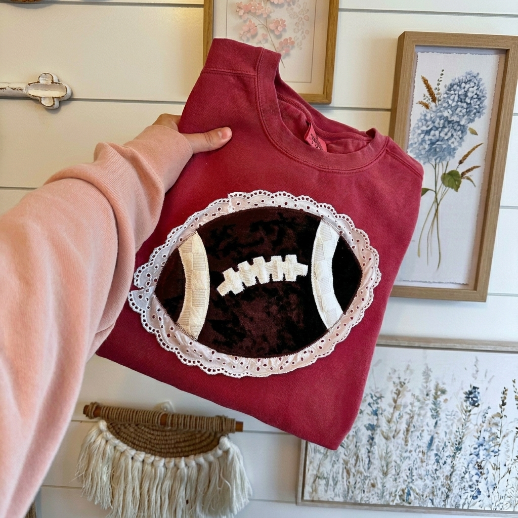 Vintage Lace Trim Football Applique Sweatshirt Velvet Patchwork Coquette Game Day Crewneck