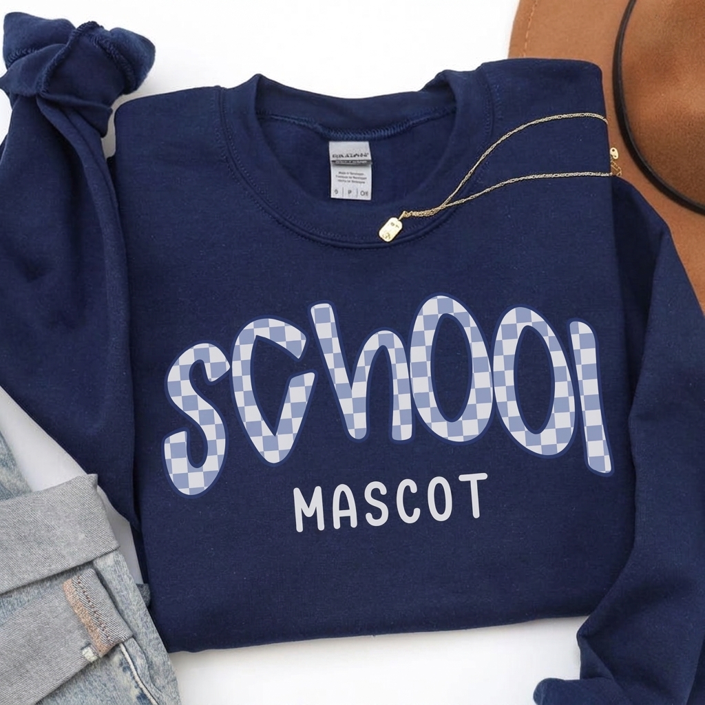 Custom Checkered School Mascot Sweatshirt Preppy Checkered Pattern Game Day College Crewneck