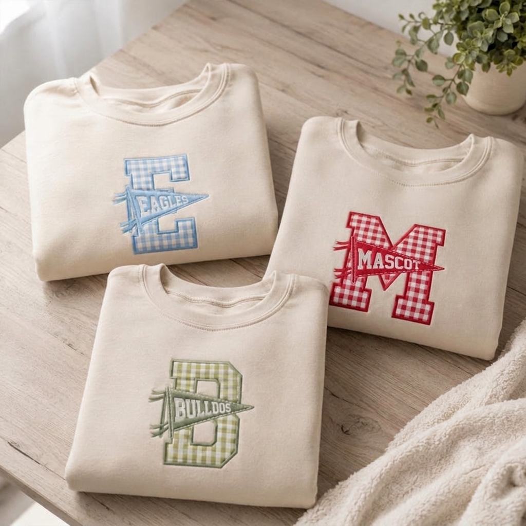 Custom Gingham Applique Letter Sweatshirt Pennant Flag Mascot Embroidered Sleeve Name Personalized Crewneck