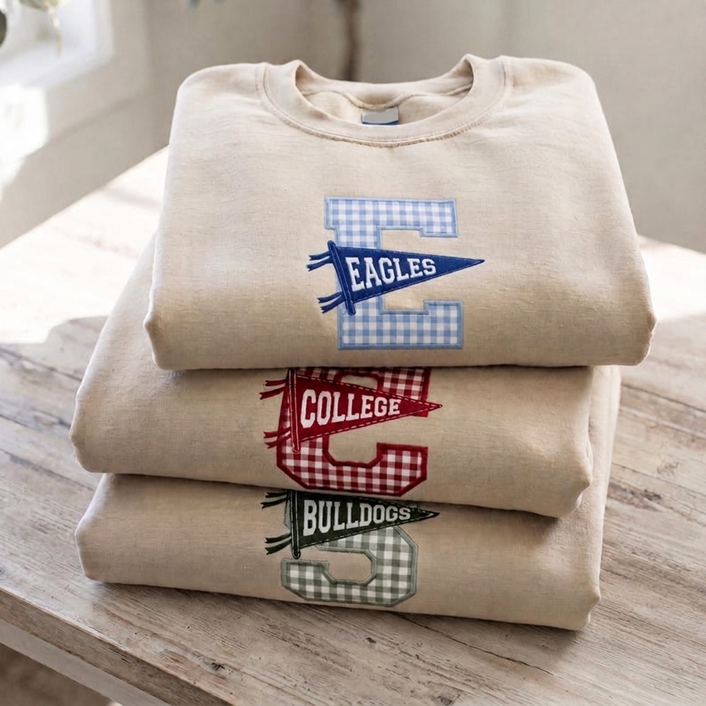 Custom Gingham Applique Letter Sweatshirt Pennant Flag Mascot Embroidered Sleeve Name Personalized Crewneck