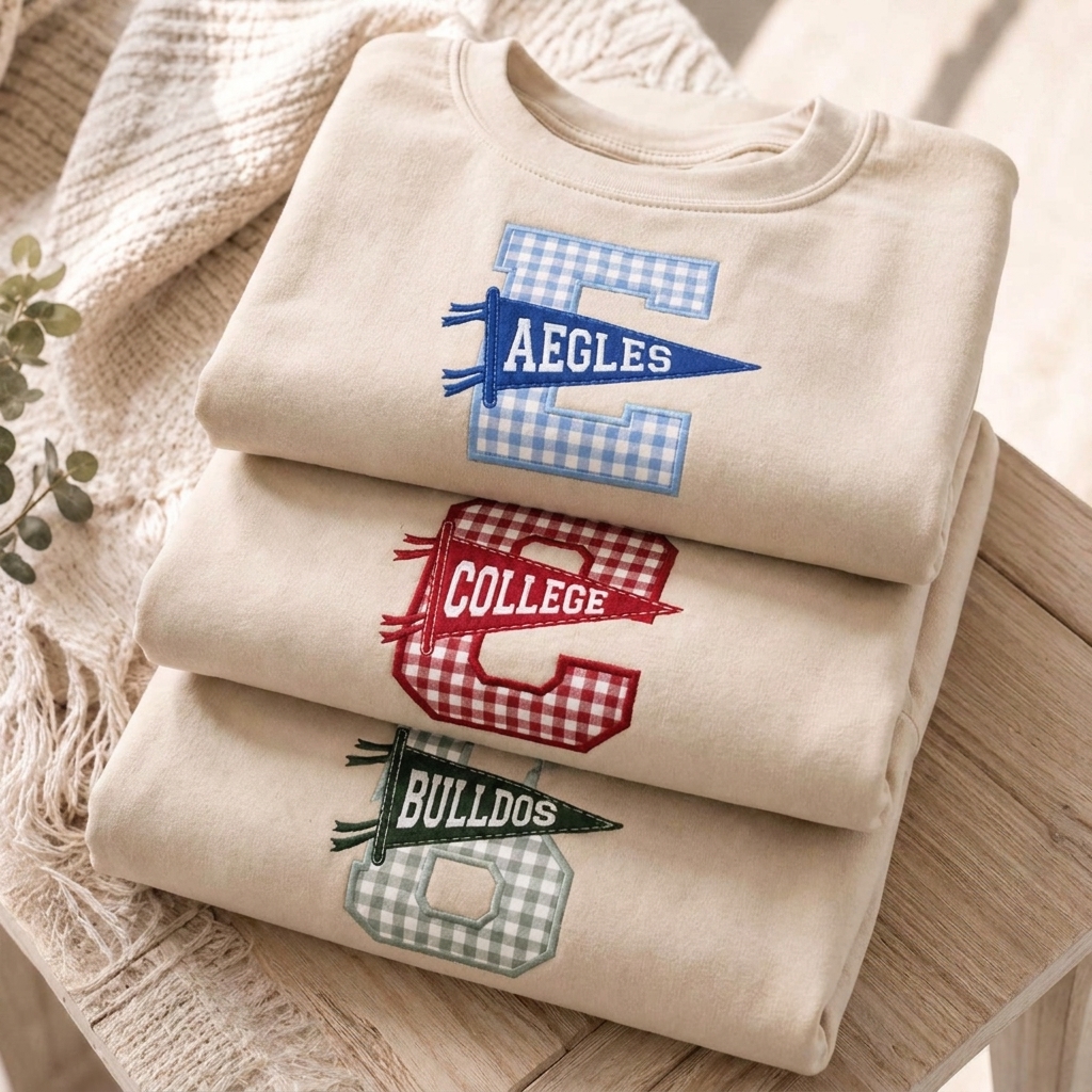 Custom Gingham Applique Letter Sweatshirt Pennant Flag Mascot Embroidered Sleeve Name Personalized Crewneck