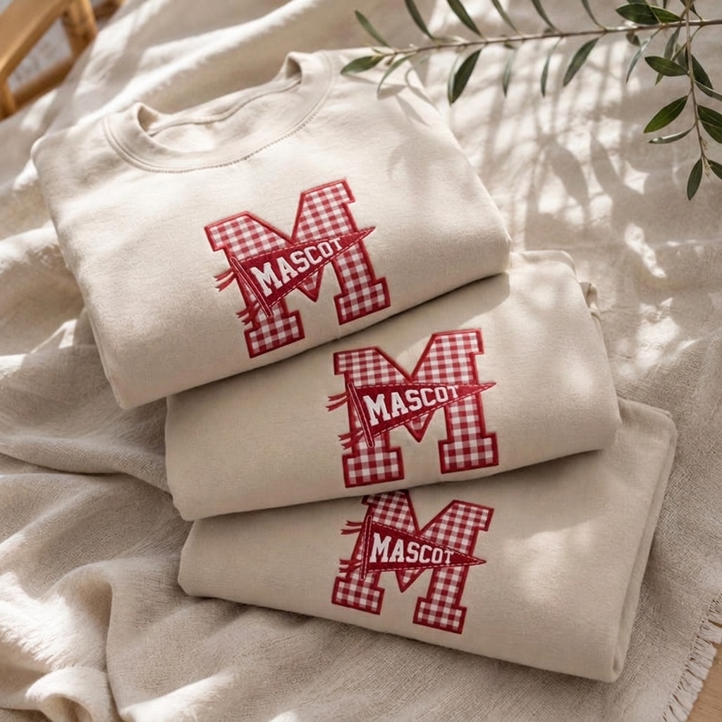 Custom Gingham Applique Letter Sweatshirt Pennant Flag Mascot Embroidered Sleeve Name Personalized Crewneck