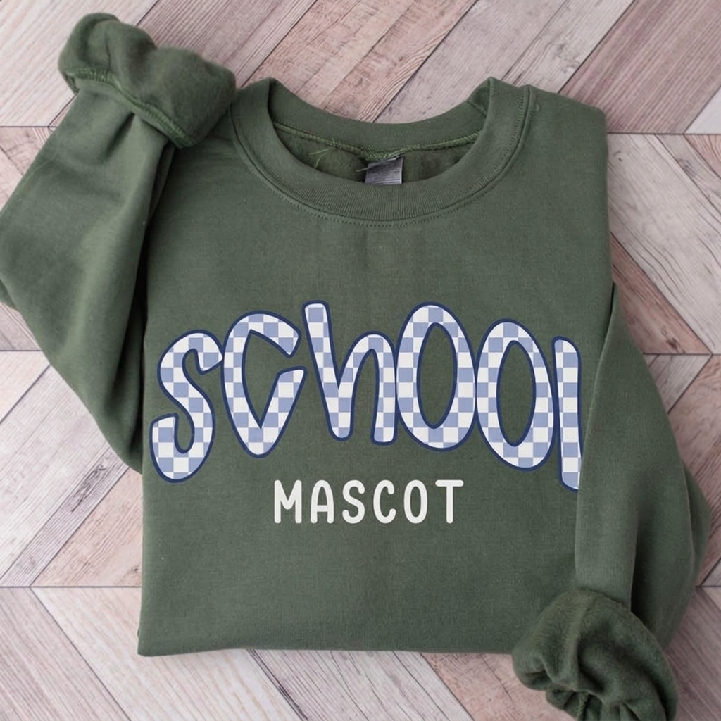 Custom Checkered School Mascot Sweatshirt Preppy Checkered Pattern Game Day College Crewneck
