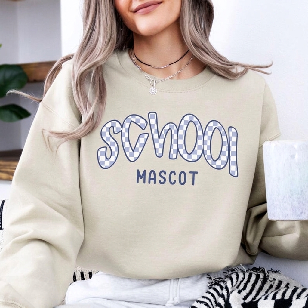 Custom Checkered School Mascot Sweatshirt Preppy Checkered Pattern Game Day College Crewneck