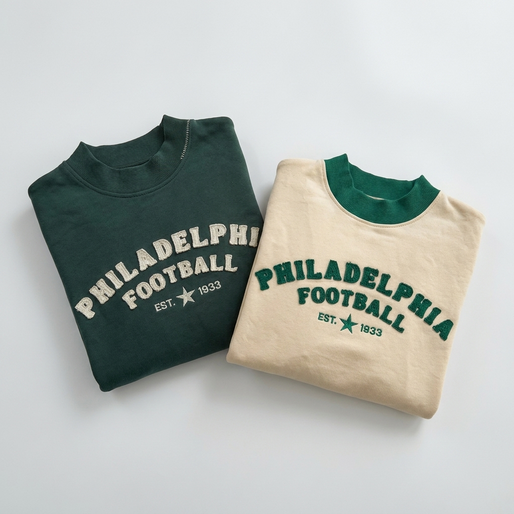 Custom Football Chenille Applique Mock Neck Sweatshirt Vintage Game Day Crewneck