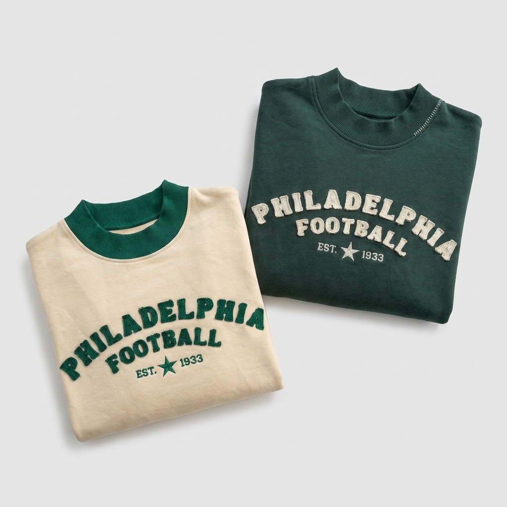 Custom Football Chenille Applique Mock Neck Sweatshirt Vintage Game Day Crewneck