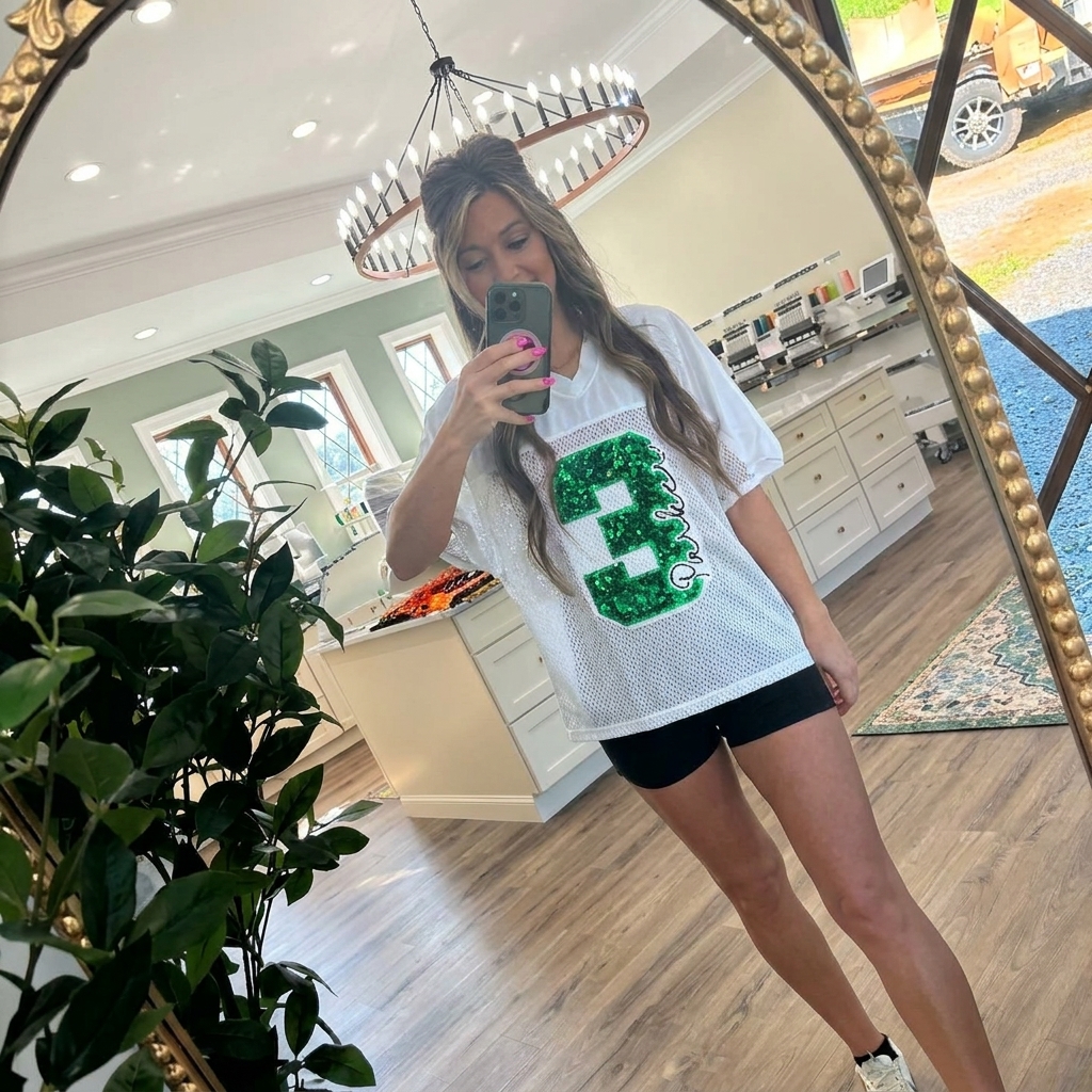 Custom Sequin Number Football Jersey Personalized Game Day Mesh Shirt