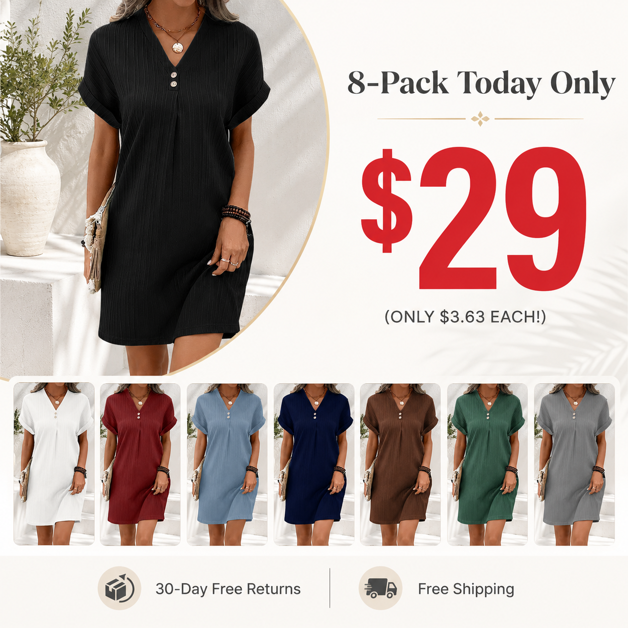 Women's solid-color V-neck dress