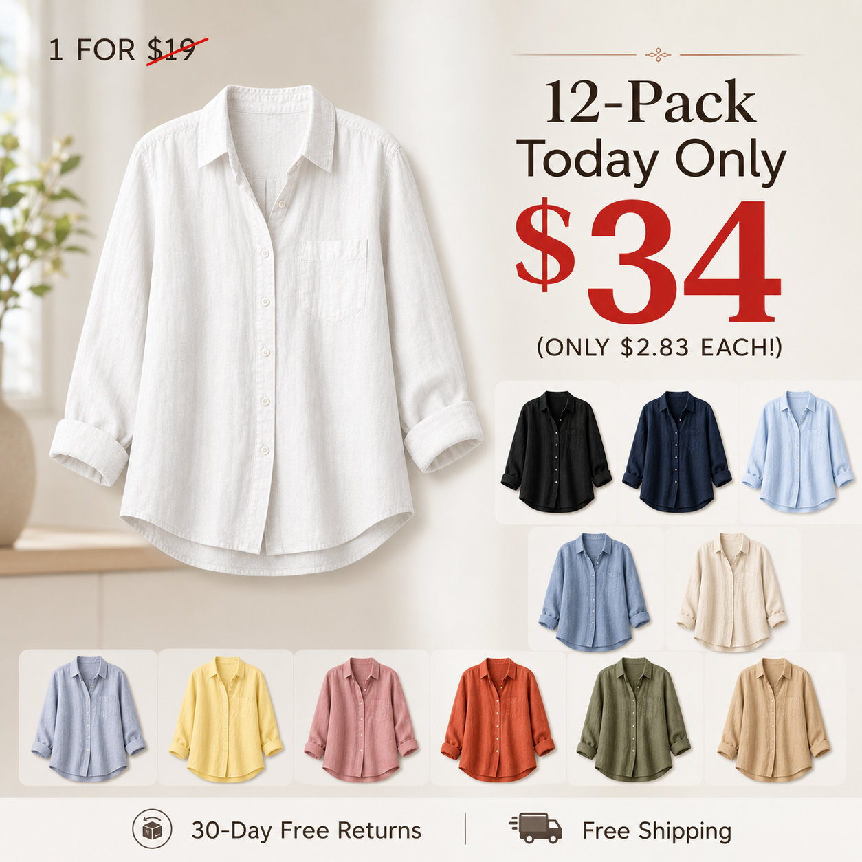 Clearance Sale⚡12-Pack for $39.99⚡Women's Lightweight Linen Long Sleeve Button Shirts