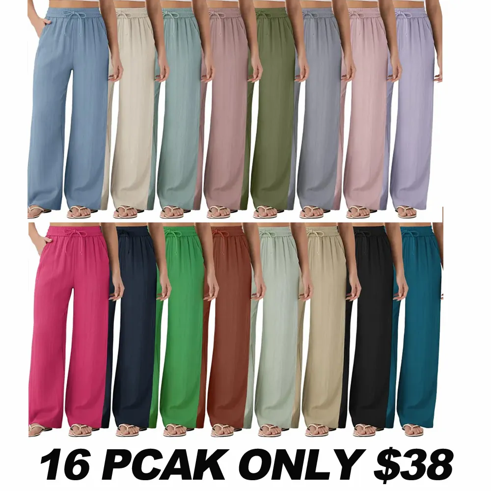 ⏰Store Closing Clearance⚡8 Pack for $28⚡High Waisted Drawstring Pocket Wide Leg Casual Linen-Feel Pants