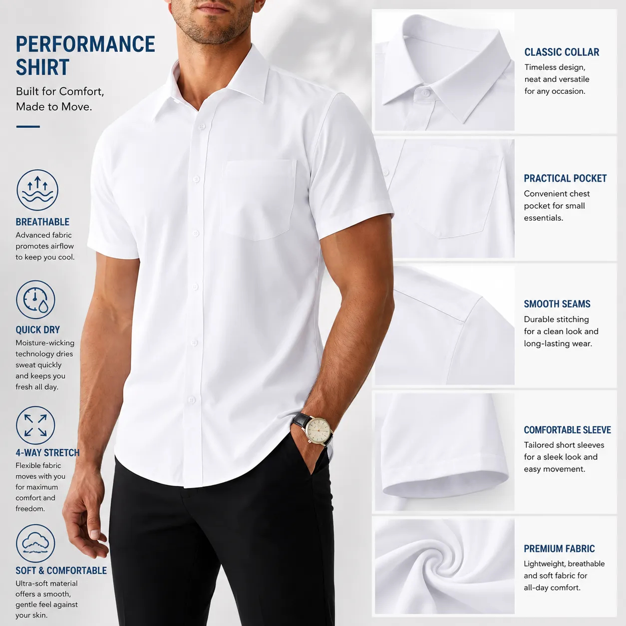 Limited Deal 8-Pack Men's Breathable Quick-Dry Stretch Short Sleeve Button-Front Shirts