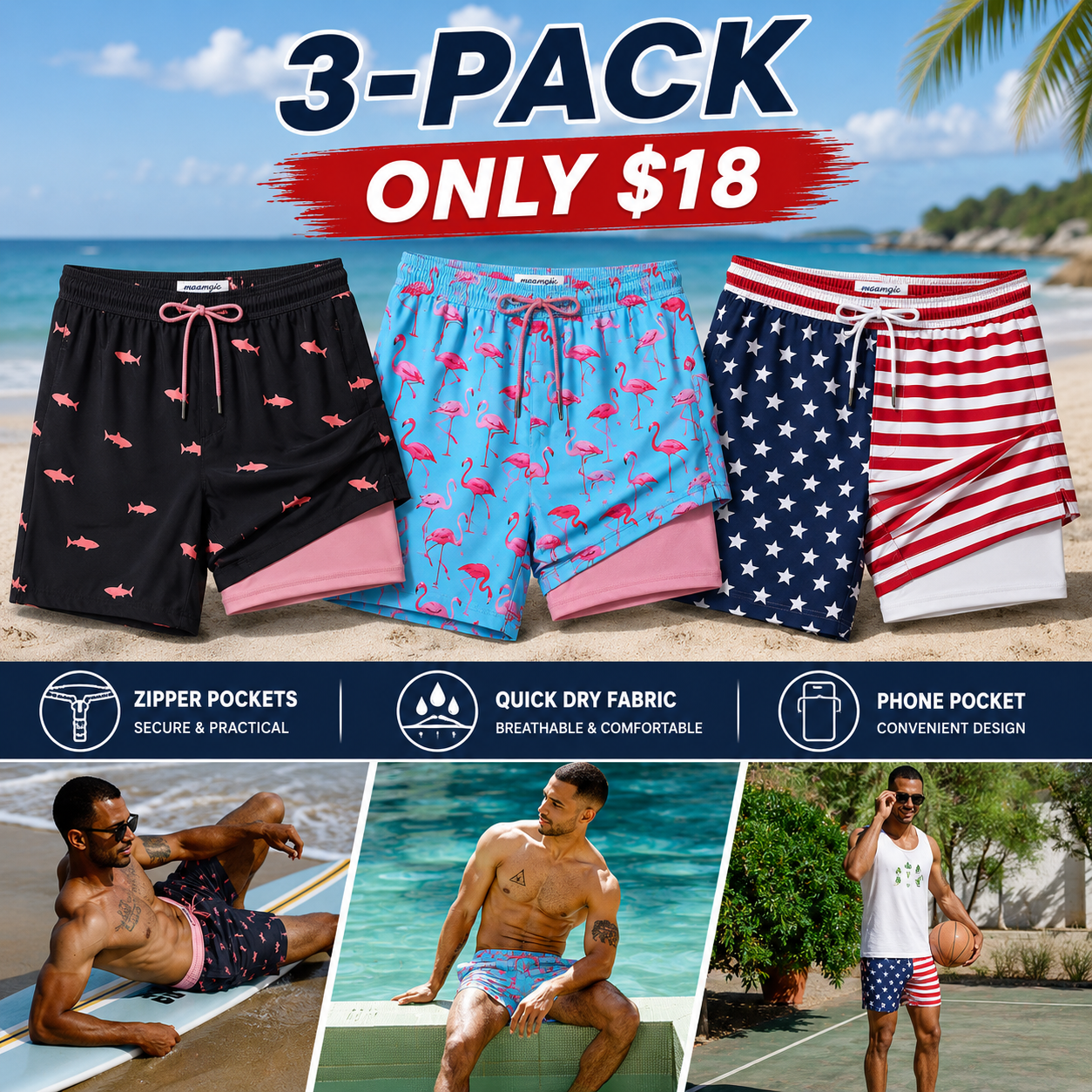 2 in 1 Mens Swim Trunks 7 Inch Swim Shorts