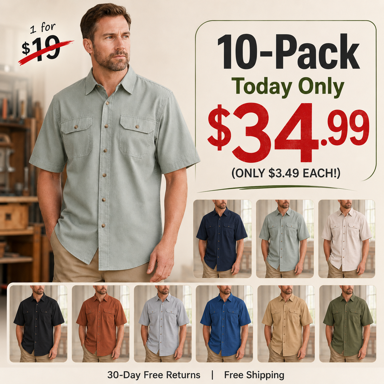 ❀⚡10 Packs for $34.99⚡- Men’s Short Sleeve Utility Work Shirt