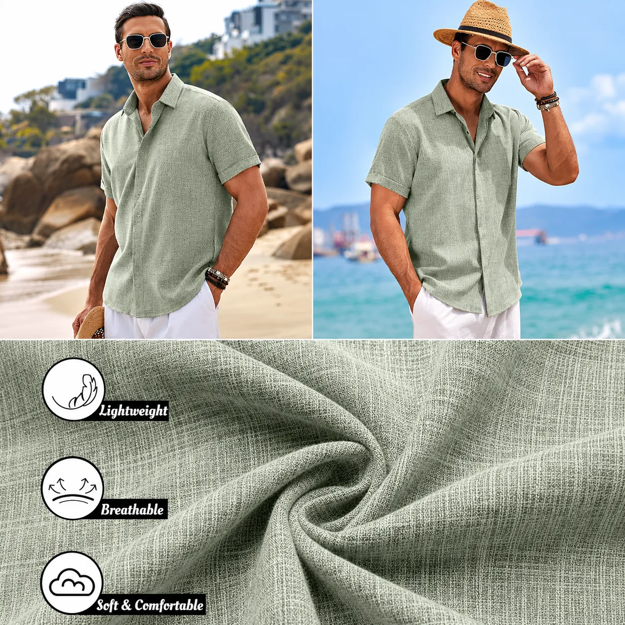 Men's Linen Shirts Short Sleeve Casual Shirts Button Down Shirt