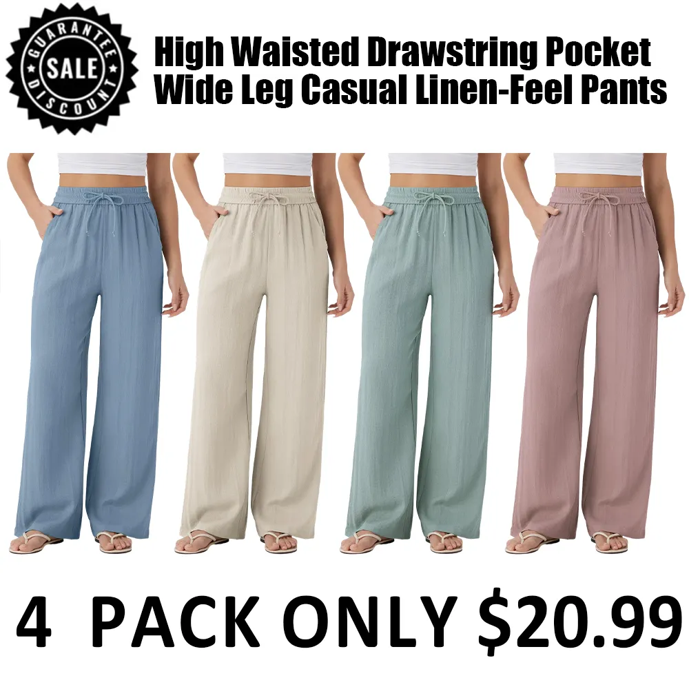 ⏰Store Closing Clearance⚡8 Pack for $28⚡High Waisted Drawstring Pocket Wide Leg Casual Linen-Feel Pants