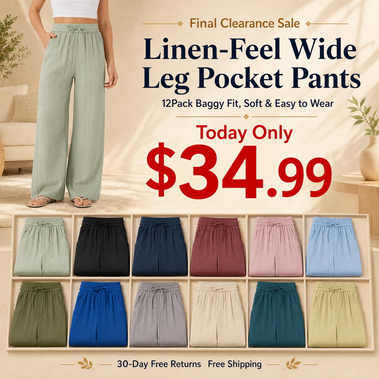 Women's High-Waist Drawstring Wide-Leg Pants with Pockets