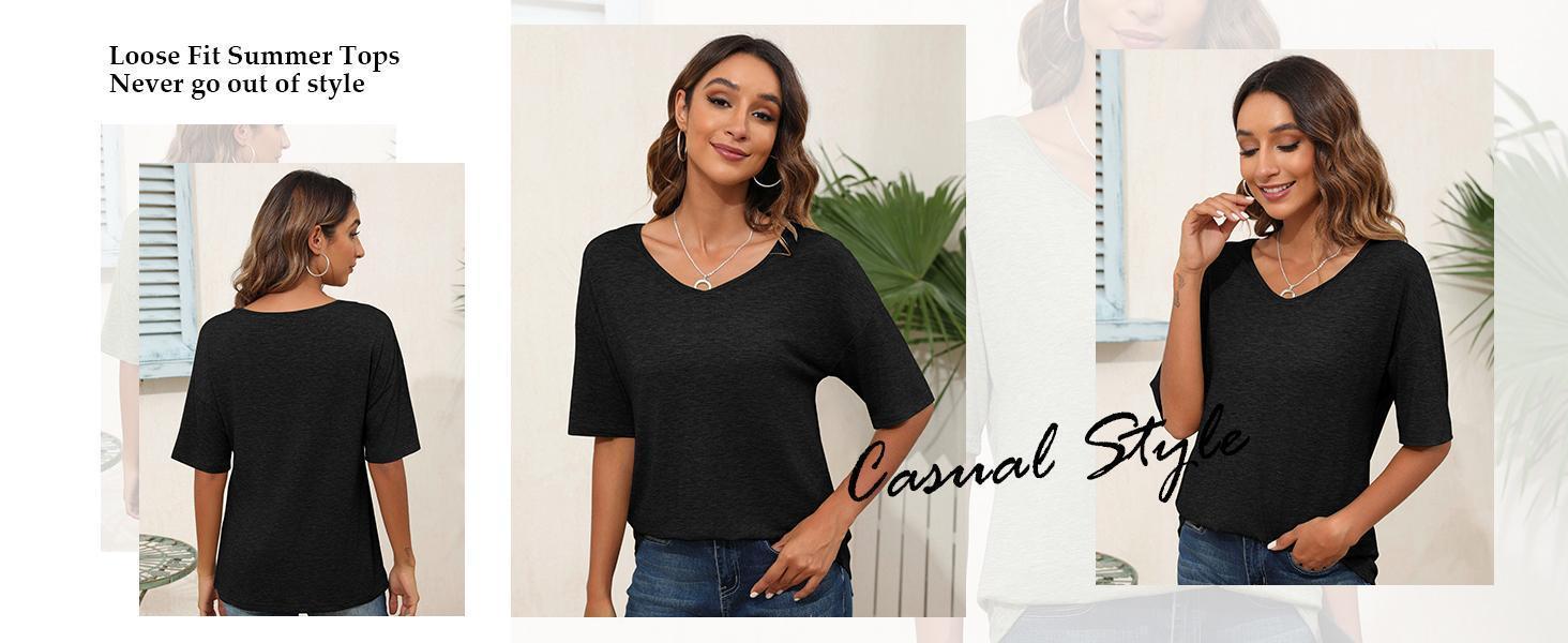 PiePieBuy Women's Women Soft V Neck Tshirt Half Sleeve Lightweight Solid Color Loose Fit Minimalist Top Casual Comfortable Simple Womenswear shirts, Women's Clothes, Clothes For Women,summerwins,summeroutfits,vacationoutfits,beachoutfits