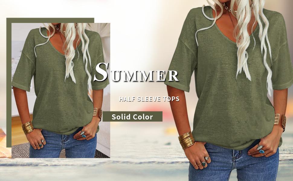 PiePieBuy Women's Women Soft V Neck Tshirt Half Sleeve Lightweight Solid Color Loose Fit Minimalist Top Casual Comfortable Simple Womenswear shirts, Women's Clothes, Clothes For Women,summerwins,summeroutfits,vacationoutfits,beachoutfits