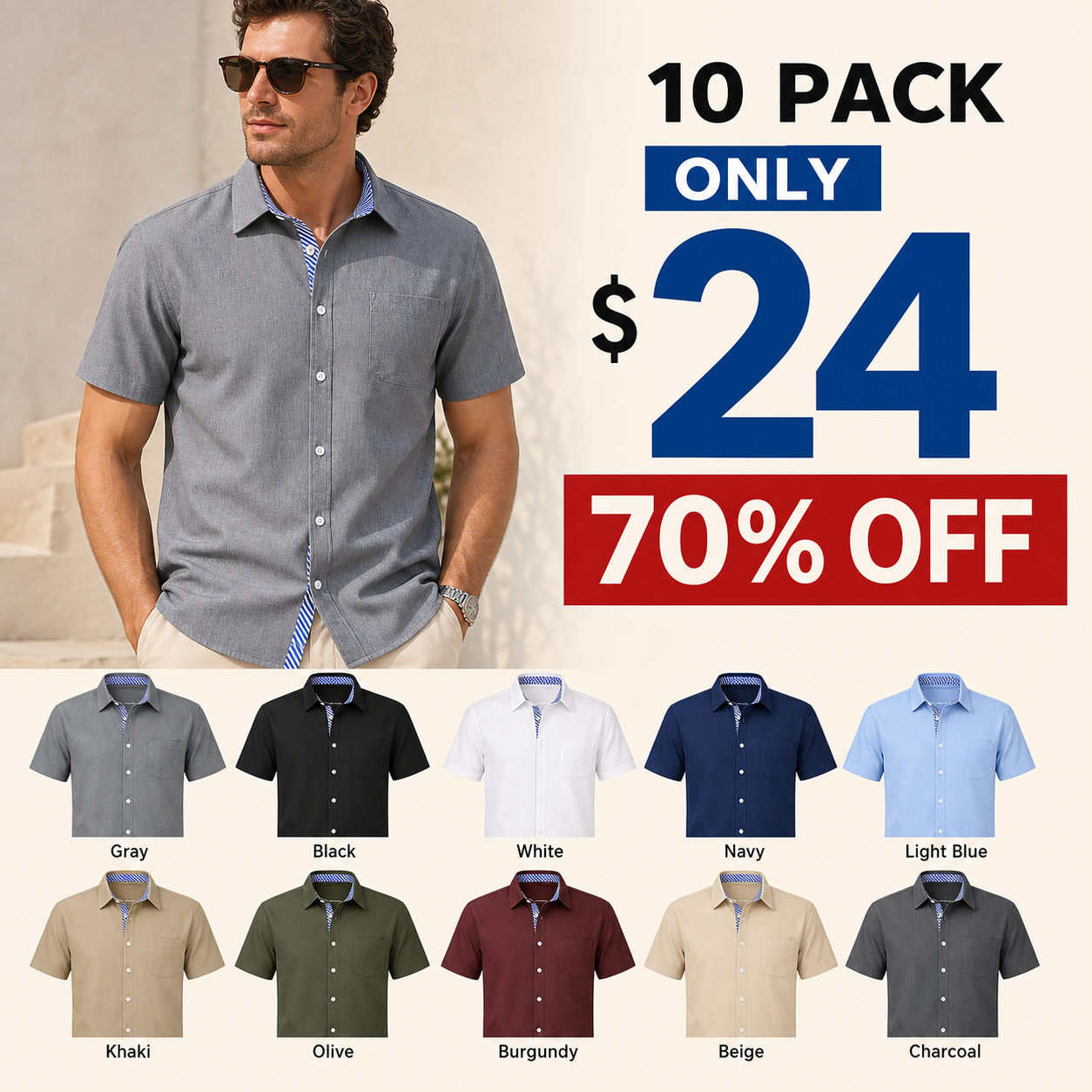 ⏰Store Closing ⚡10 Pack for $24⚡Men's Contrast Trim Short Sleeve Shirt