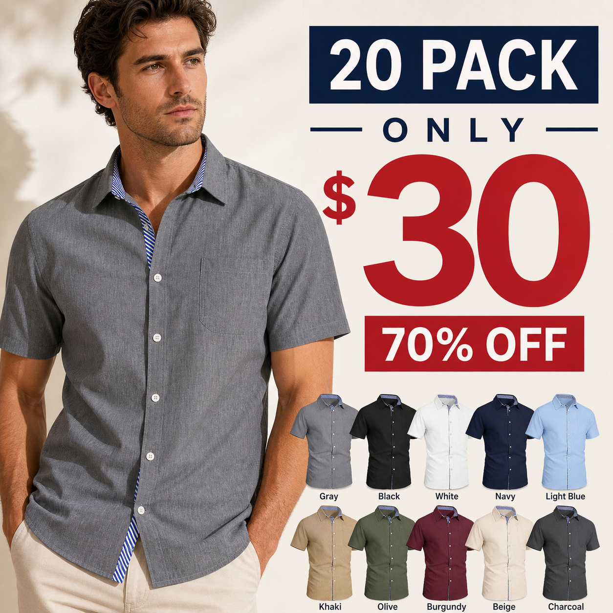 ⏰Store Closing ⚡10 Pack for $24⚡Men's Contrast Trim Short Sleeve Shirt