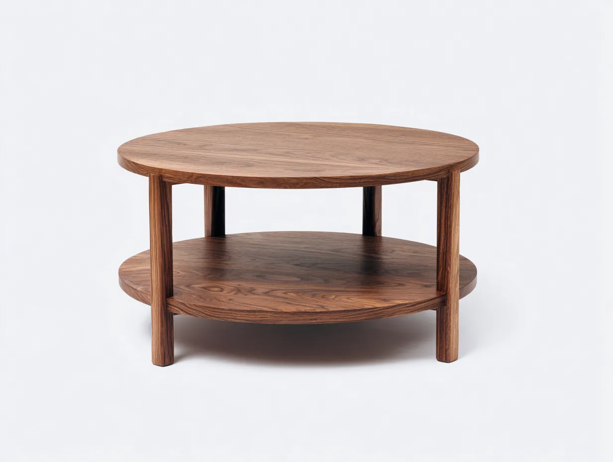Mesa de centro redonda de madera 92x92x43 cm - nogal cálido - balda circular y patas rectas para salón-Tavexrahome