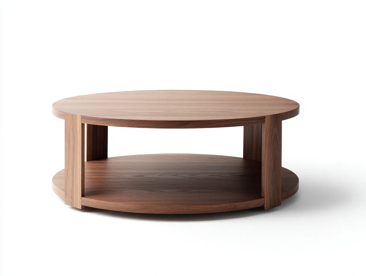 Mesa de centro circular de madera 94x94x40 cm - nogal oscuro - estante bajo abierto para salón-Tavexrahome