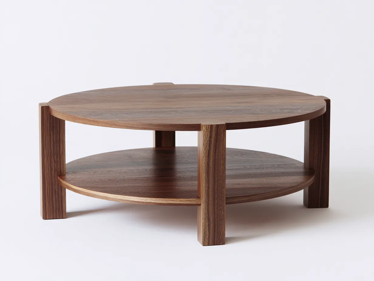 Mesa de centro redonda de madera 98x98x41 cm - nogal natural - patas anchas y bandeja superior para salón-Tavexrahome