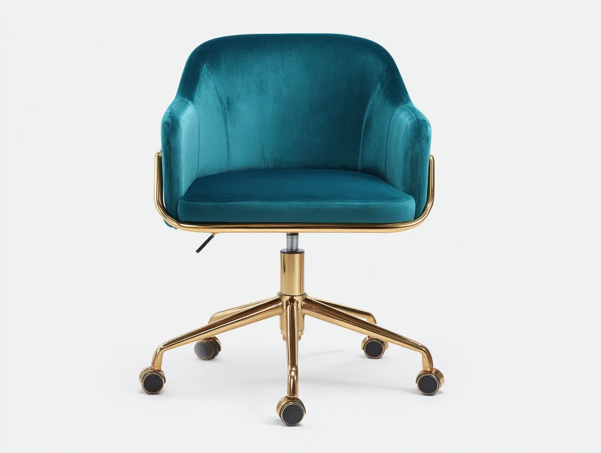 Silla de oficina de terciopelo 65x63x89 cm - azul petróleo y dorado - asiento curvo con ruedas-Tavexrahome