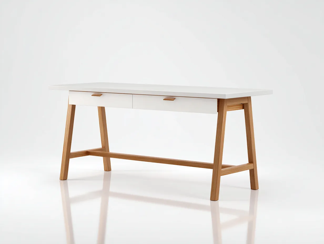Escritorio de estudio 120x55x77 cm - blanco y madera natural - con dos cajones y travesaño inferior-Tavexrahome