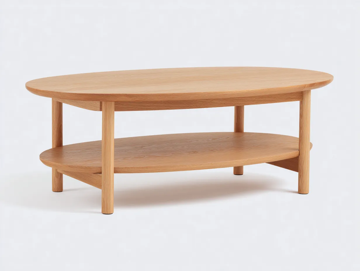 Mesa de centro ovalada de madera 122x68x43 cm - roble miel - plataforma inferior para salón-Tavexrahome